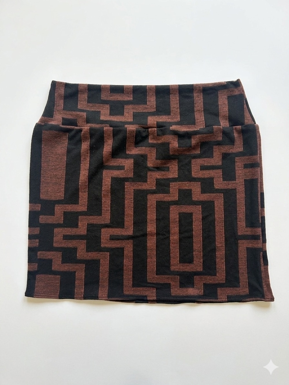 🔥 Handmade Geo-Print Brown & Black Knit Mini Skirt (No Tag)